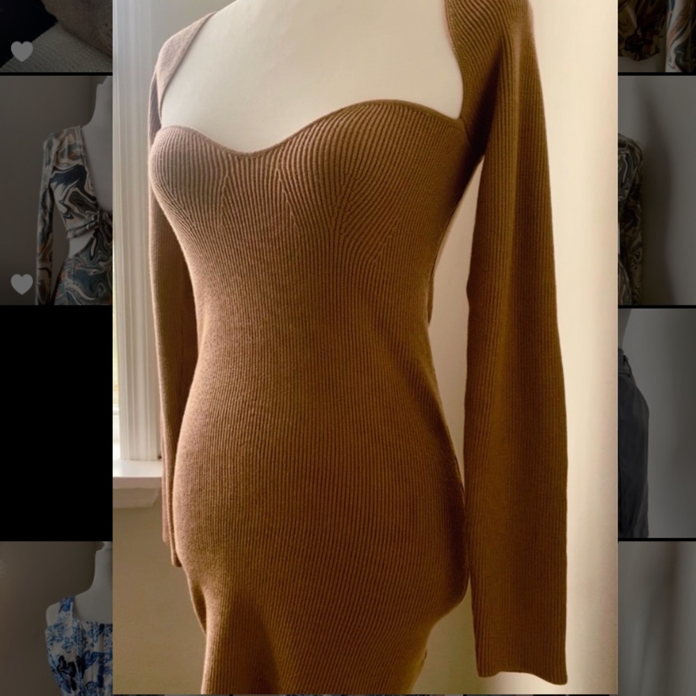 Sweetheart Neckline, long Sleeve Tan Dress